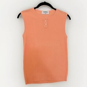CHANEL Sleeveless Coral Tank Top Coco Mark Buttons Medium